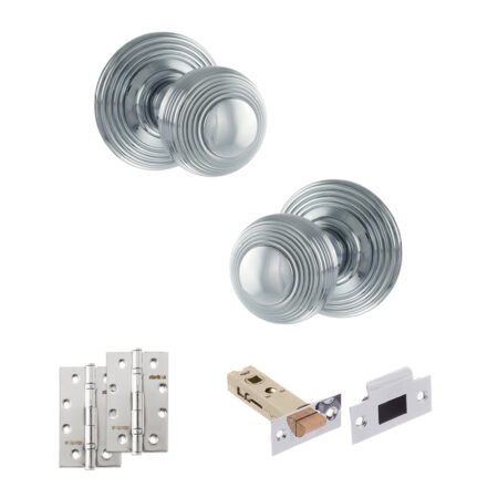 Old English Ripon Door Knob Pack (Latch Set - 4" HD Latch, 4" Slim Knuckle Hinges x2) - Polished Chrome