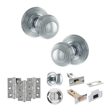 Old English Ripon Door Knob Pack (Bathroom Set - 3" Deadbolt, 3" Fire Rated Hinges x3) - Polished Chrome