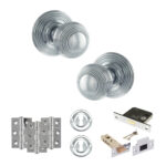 Old English Ripon Door Knob Pack (Lock Set - 3" Latch & Deadlock, 3" Fire Rated Hinges x3) - Polished Chrome