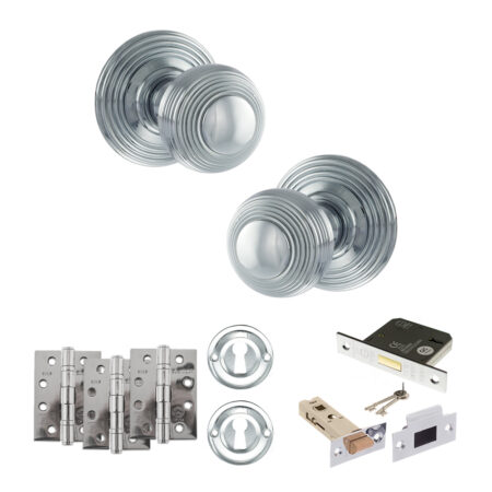 Old English Ripon Door Knob Pack (Lock Set - 3" Latch & Deadlock, 4" Fire Rated Hinges x3) - Polished Chrome
