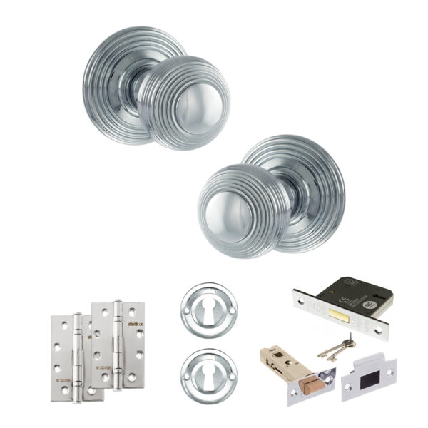 Old English Ripon Door Knob Pack (Lock Set - 3" Latch & Deadlock, 4" Slim Knuckle Hinges x2) - Polished Chrome