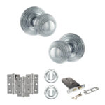 Old English Ripon Door Knob Pack (Lock Set - Horizontal Sashlock, 3" Fire Rated Hinges x3) - Polished Chrome