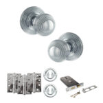 Old English Ripon Door Knob Pack (Lock Set - Horizontal Sashlock, 4" Fire Rated Hinges x3) - Polished Chrome