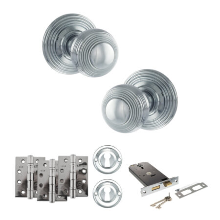 Old English Ripon Door Knob Pack (Lock Set - Horizontal Sashlock, 4" Fire Rated Hinges x3) - Polished Chrome