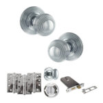 Old English Ripon Door Knob Pack (Lock Set - Horizontal Bathlock, 4" Fire Rated Hinges x3) - Polished Chrome