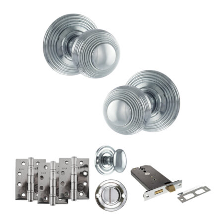 Old English Ripon Door Knob Pack (Lock Set - Horizontal Bathlock, 4" Fire Rated Hinges x3) - Polished Chrome