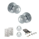 Old English Ripon Door Knob Pack (Lock Set - Horizontal Sashlock, 4" Slim Knuckle Hinges x2) - Polished Chrome