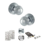 Old English Ripon Door Knob Pack (Lock Set - Horizontal Bathlock, 4" Slim Knuckle Hinges x2) - Polished Chrome