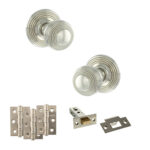 Old English Ripon Door Knob Pack (Latch Set - 4" HD Latch, 3" Fire Rated Hinges x3) - Polished Nickel