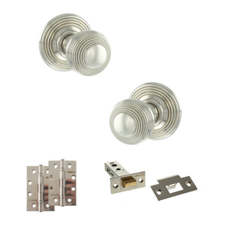 Old English Ripon Door Knob Pack (Latch Set - 3" HD Latch, 4" Slim Knuckle Hinges x2) - Polished Nickel