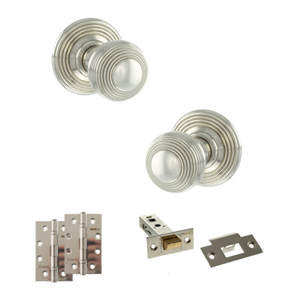 Old English Ripon Door Knob Pack (Latch Set - 3" HD Latch, 4" Slim Knuckle Hinges x2) - Polished Nickel