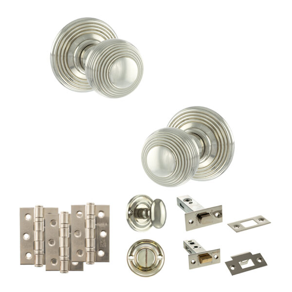 Old English Ripon Door Knob Pack (Bathroom Set - 4" Deadbolt, 3" Fire Rated Hinges x3) - Polished Nickel