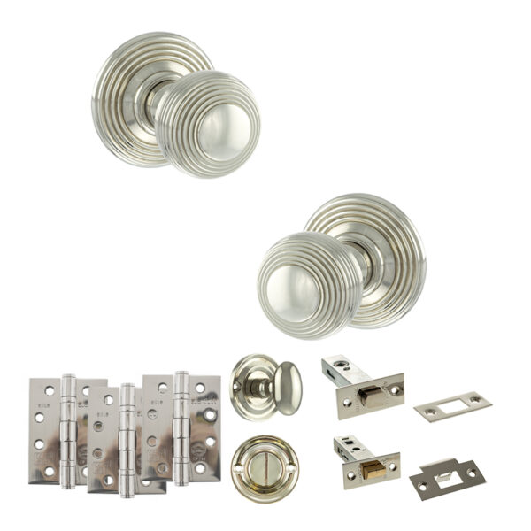 Old English Ripon Door Knob Pack (Bathroom Set - 4" Deadbolt, 4" Fire Rated Hinges x3) - Polished Nickel