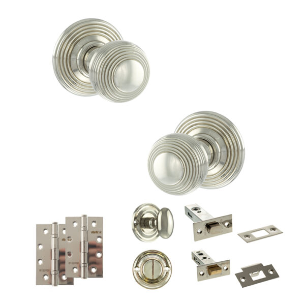 Old English Ripon Door Knob Pack (Bathroom Set - 3" Deadbolt, 4" Slim Knuckle Hinges x2) - Polished Nickel