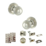 Old English Ripon Door Knob Pack (Bathroom Set - 4" Deadbolt, 4" Slim Knuckle Hinges x2) - Polished Nickel