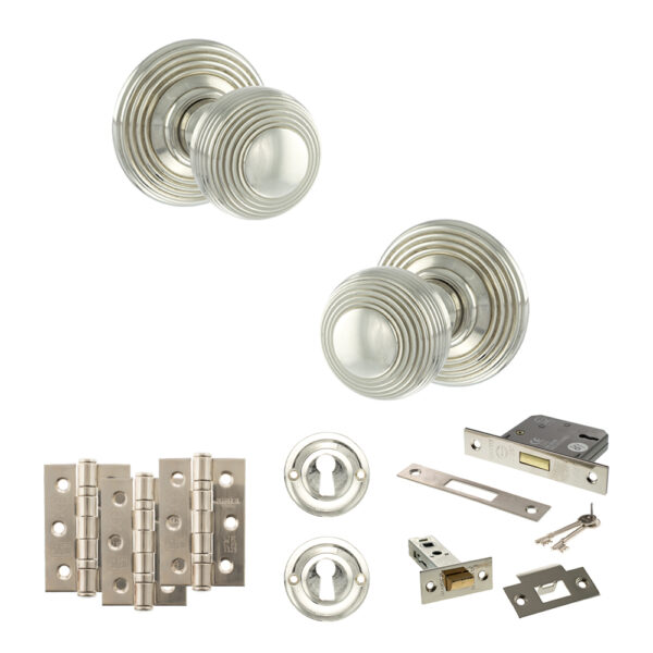 Old English Ripon Door Knob Pack (Lock Set - 3" Latch & Deadlock, 4" Fire Rated Hinges x3) - Polished Nickel