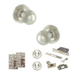 Old English Ripon Door Knob Pack (Lock Set - 3" Latch & Deadlock, 4" Slim Knuckle Hinges x2) - Polished Nickel