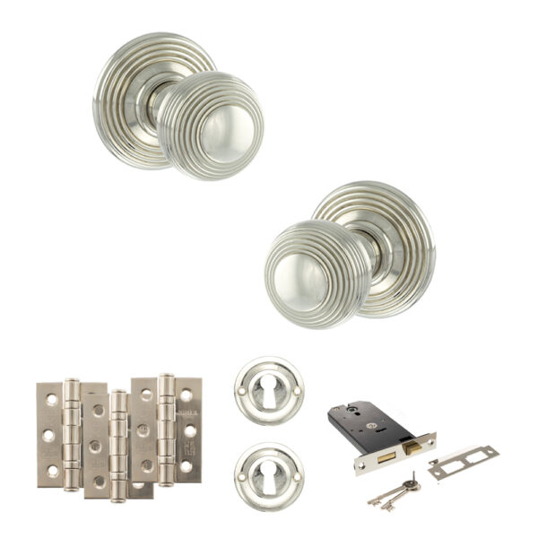 Old English Ripon Door Knob Pack (Lock Set - Horizontal Sashlock, 3" Fire Rated Hinges x3) - Polished Nickel