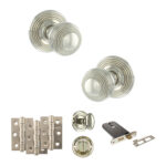 Old English Ripon Door Knob Pack (Lock Set - Horizontal Bathlock, 3" Fire Rated Hinges x3) - Polished Nickel