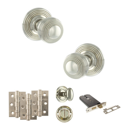 Old English Ripon Door Knob Pack (Lock Set - Horizontal Bathlock, 3" Fire Rated Hinges x3) - Polished Nickel