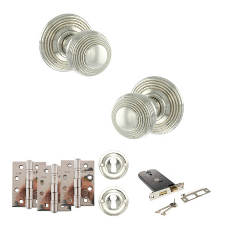 Old English Ripon Door Knob Pack (Lock Set - Horizontal Sashlock, 4" Fire Rated Hinges x3) - Polished Nickel