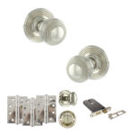 Old English Ripon Door Knob Pack (Lock Set - Horizontal Bathlock, 4" Fire Rated Hinges x3) - Polished Nickel