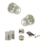 Old English Ripon Door Knob Pack (Lock Set - Horizontal Bathlock, 4" Slim Knuckle Hinges x2) - Polished Nickel