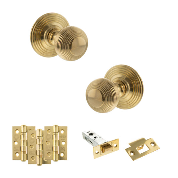 Old English Ripon Door Knob Pack (Latch Set - 4" HD Latch, 3" Fire Rated Hinges x3) - Raw Brass