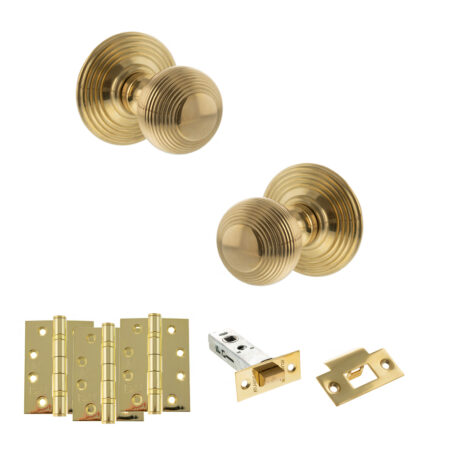 Old English Ripon Door Knob Pack (Latch Set - 4" HD Latch, 4" Fire Rated Hinges x3) - Raw Brass