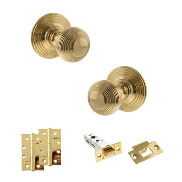 Old English Ripon Door Knob Pack (Latch Set - 3" HD Latch, 4" Slim Knuckle Hinges x2) - Raw Brass