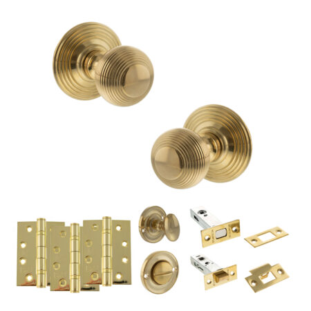 Old English Ripon Door Knob Pack (Bathroom Set - 4" Deadbolt, 4" Fire Rated Hinges x3) - Raw Brass