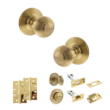 Old English Ripon Door Knob Pack (Bathroom Set - 4" Deadbolt, 4" Slim Knuckle Hinges x2) - Raw Brass