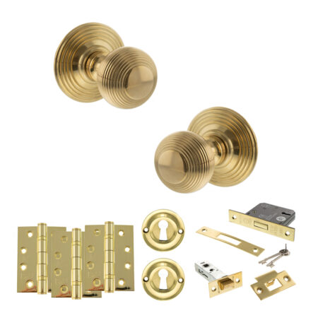 Old English Ripon Door Knob Pack (Lock Set - 3" Latch & Deadlock, 4" Fire Rated Hinges x3) - Raw Brass