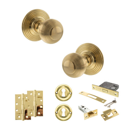 Old English Ripon Door Knob Pack (Lock Set - 3" Latch & Deadlock, 4" Slim Knuckle Hinges x2) - Raw Brass