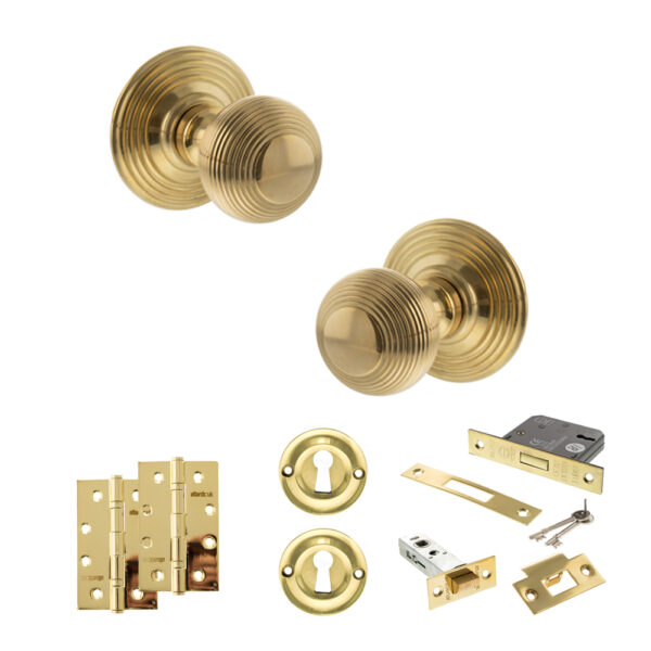 Old English Ripon Door Knob Pack (Lock Set - 3" Latch & Deadlock, 4" Slim Knuckle Hinges x2) - Raw Brass