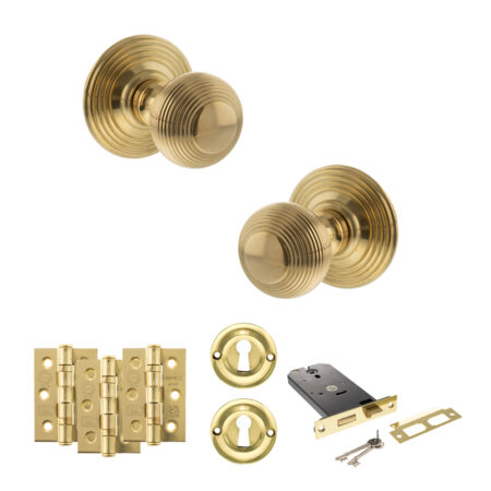 Old English Ripon Door Knob Pack (Lock Set - Horizontal Sashlock, 3" Fire Rated Hinges x3) - Raw Brass