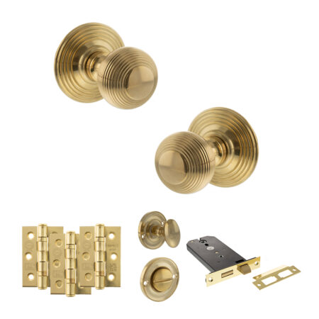 Old English Ripon Door Knob Pack (Lock Set - Horizontal Bathlock, 3" Fire Rated Hinges x3) - Raw Brass