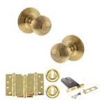 Old English Ripon Door Knob Pack (Lock Set - Horizontal Sashlock, 4" Fire Rated Hinges x3) - Raw Brass