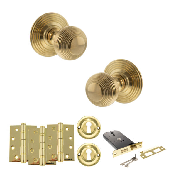Old English Ripon Door Knob Pack (Lock Set - Horizontal Sashlock, 4" Fire Rated Hinges x3) - Raw Brass