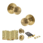 Old English Ripon Door Knob Pack (Lock Set - Horizontal Bathlock, 4" Fire Rated Hinges x3) - Raw Brass