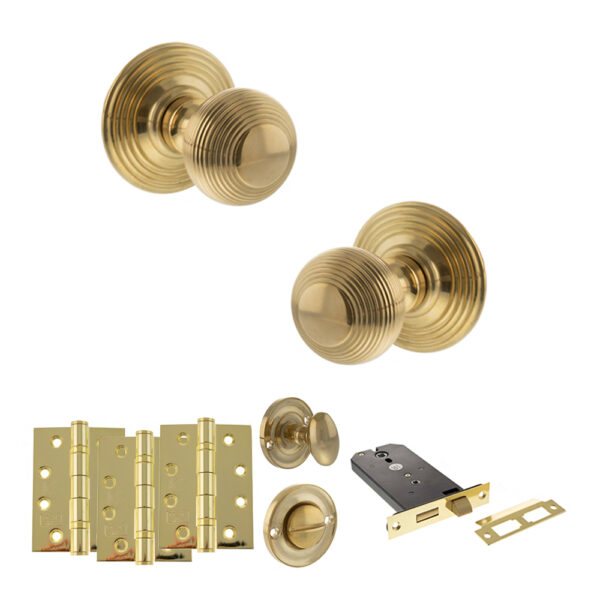 Old English Ripon Door Knob Pack (Lock Set - Horizontal Bathlock, 4" Fire Rated Hinges x3) - Raw Brass