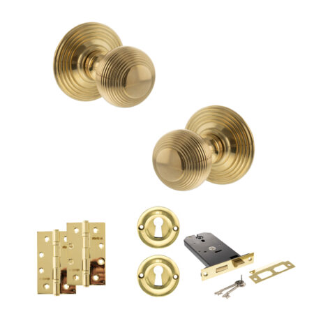 Old English Ripon Door Knob Pack (Lock Set - Horizontal Sashlock, 4" Slim Knuckle Hinges x2) - Raw Brass