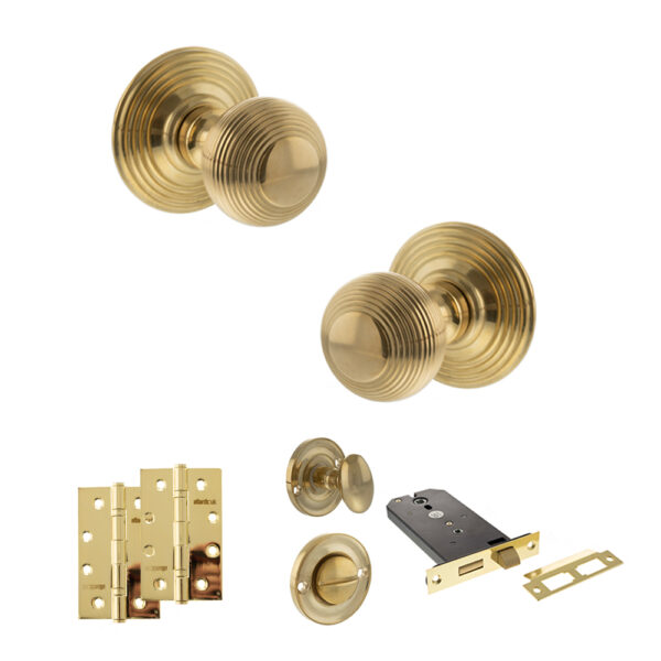 Old English Ripon Door Knob Pack (Lock Set - Horizontal Bathlock, 4" Slim Knuckle Hinges x2) - Raw Brass