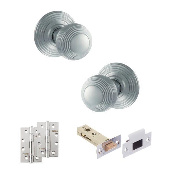 Old English Ripon Door Knob Pack (Latch Set - 4" HD Latch, 4" Slim Knuckle Hinges x2) - Satin Chrome