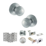 Old English Ripon Door Knob Pack (Bathroom Set - 3" Deadbolt, 3" Fire Rated Hinges x3) - Satin Chrome