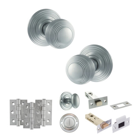 Old English Ripon Door Knob Pack (Bathroom Set - 3" Deadbolt, 3" Fire Rated Hinges x3) - Satin Chrome