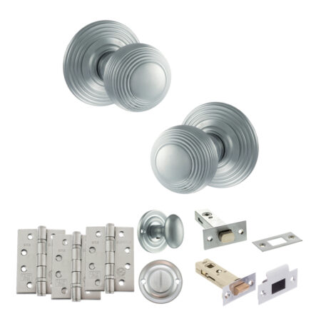 Old English Ripon Door Knob Pack (Bathroom Set - 3" Deadbolt, 4" Fire Rated Hinges x3) - Satin Chrome