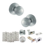 Old English Ripon Door Knob Pack (Bathroom Set - 4" Deadbolt, 4" Fire Rated Hinges x3) - Satin Chrome