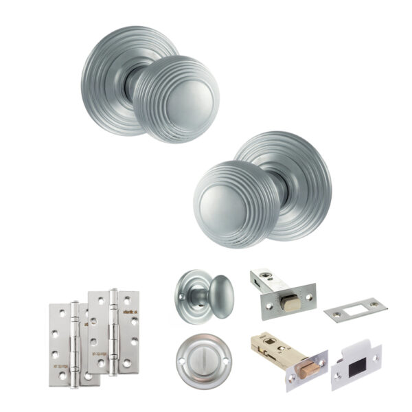 Old English Ripon Door Knob Pack (Bathroom Set - 4" Deadbolt, 4" Slim Knuckle Hinges x2) - Satin Chrome