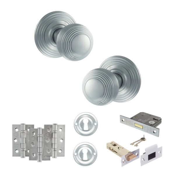 Old English Ripon Door Knob Pack (Lock Set - 3" Latch & Deadlock, 3" Fire Rated Hinges x3) - Satin Chrome